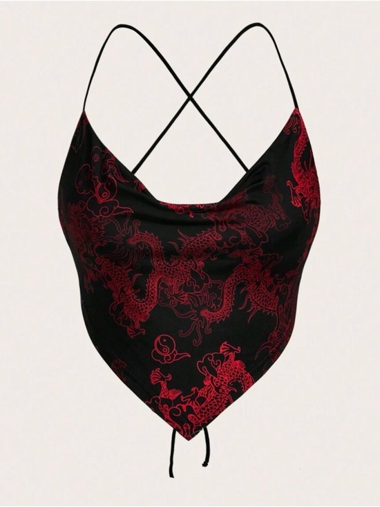 SHEIN Tops - SHEIN Black Spaghetti Strap Cowl Neck Top with Red Dragon Print
